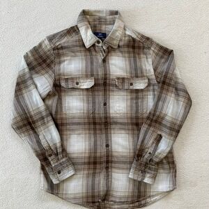 George Mens Small Button Down Shirt Brown Tan Plaid Flannel Long Sleeve Gorpcore